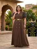 Women Blazer Style Maxi Dress with Puff Sleeves & Metallic Belt