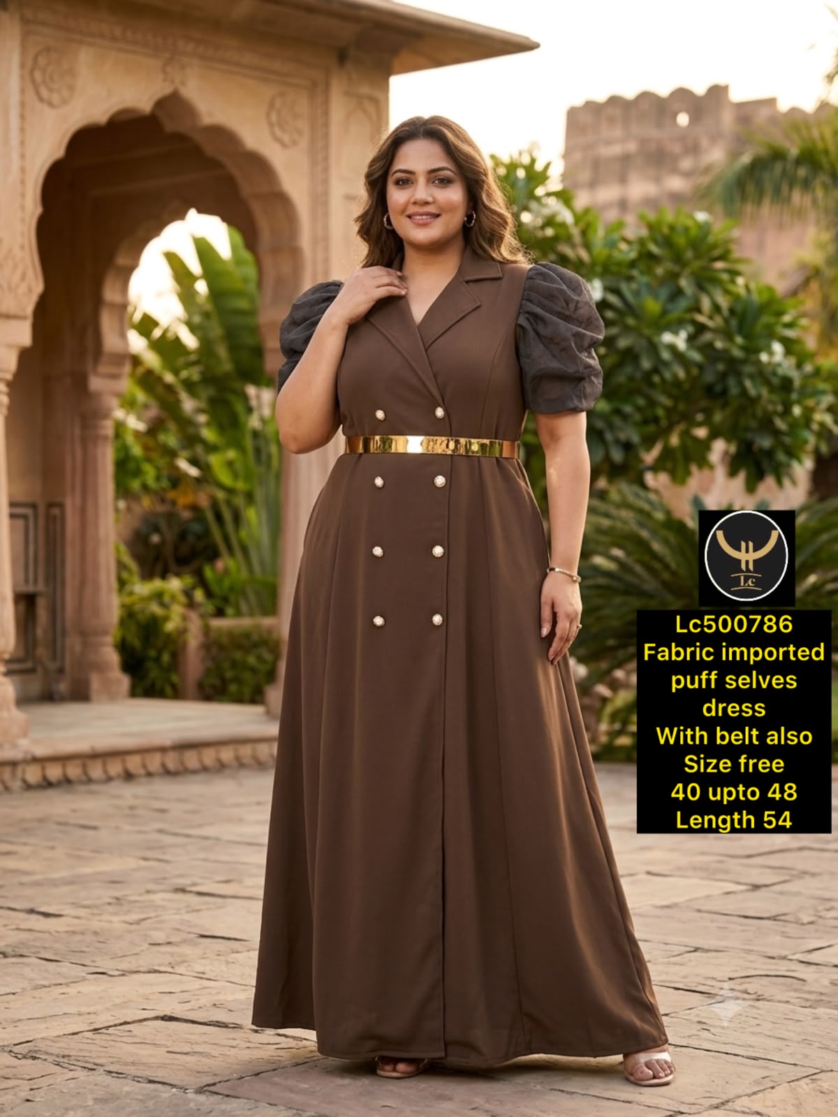 Women Blazer Style Maxi Dress with Puff Sleeves & Metallic Belt