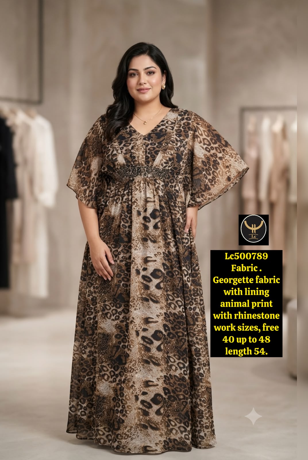 Women Animal Print Georgette Maxi Dress with Rhinestone Work & Full Lining