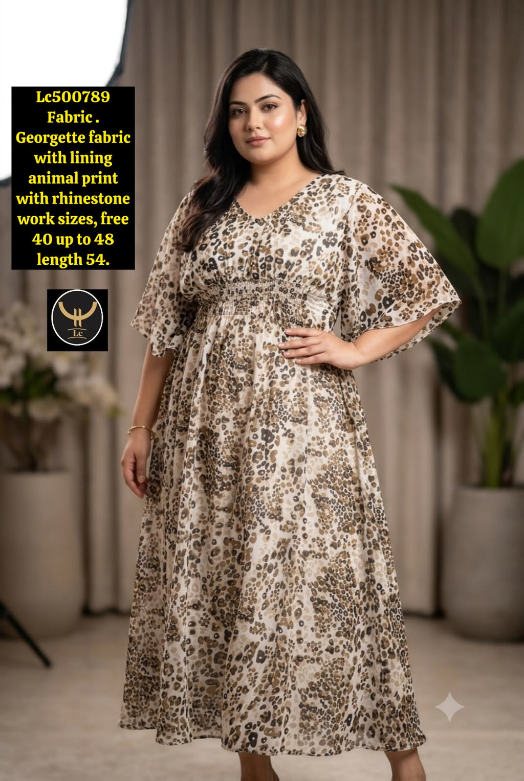 Women Animal Print Georgette Maxi Dress with Rhinestone Work & Full Lining