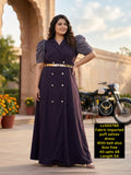 Women Blazer Style Maxi Dress with Puff Sleeves & Metallic Belt