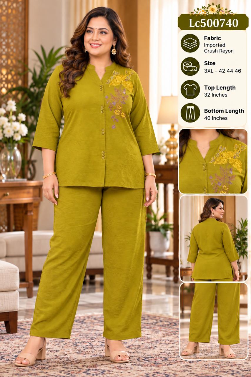 Smart Ethnic Fusion: Mandarin Collar Textured Rayon Co-ord Set with Intricate Shoulder Embroidery