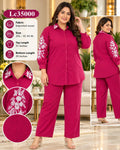 Elegant Collared Button-Down Shirt & Trouser Co-ord Set with Sleeve & Collar Embroidery