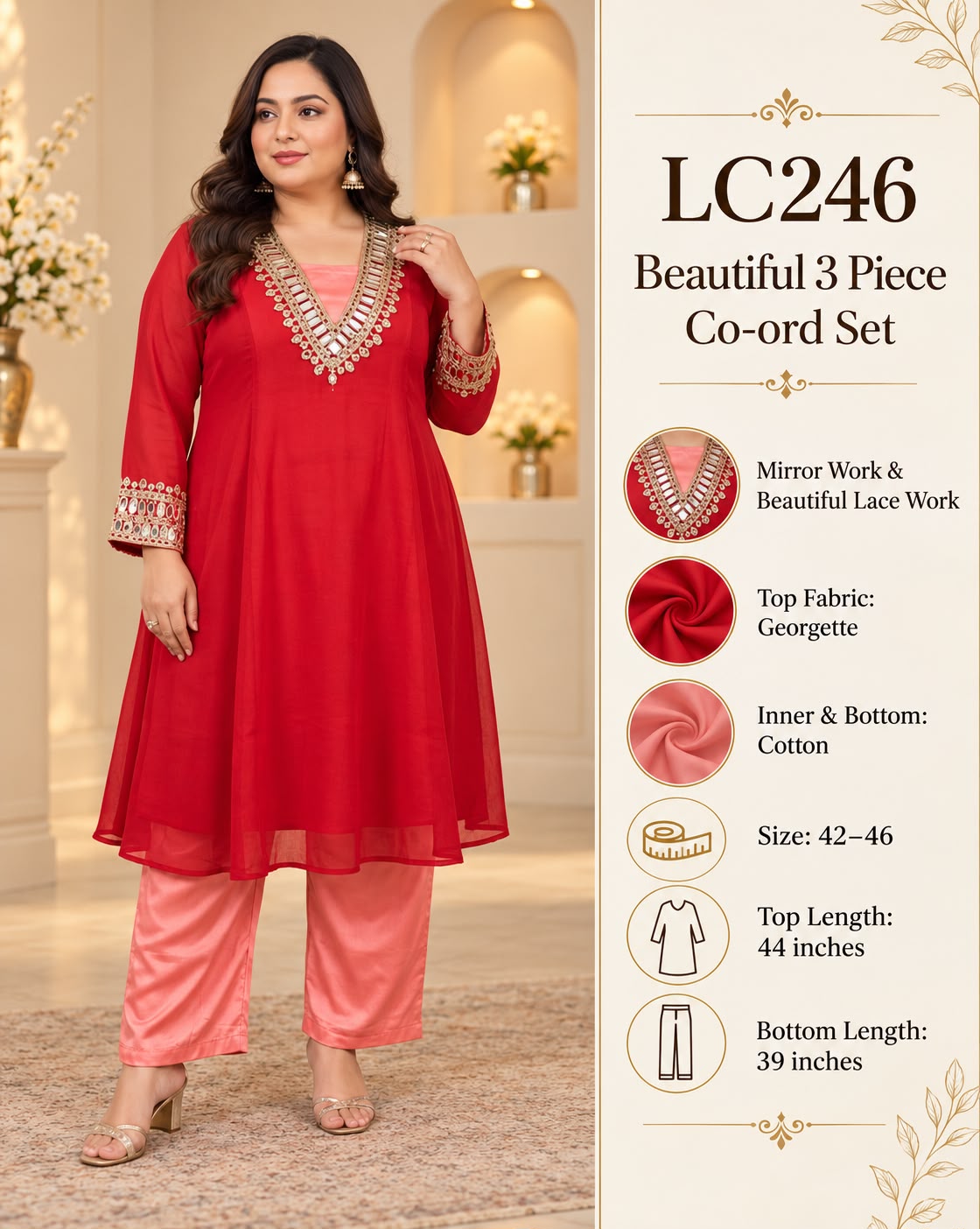 Women 3-Piece Georgette Co-ord Set with Mirror & Lace Work