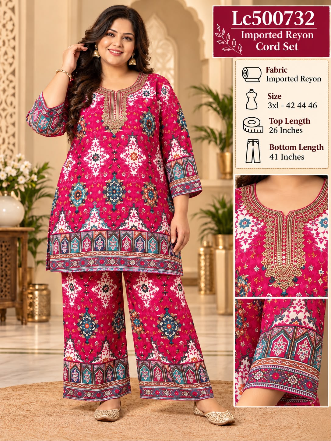 Women's Plus Size Cotton Rayon Lace & Sequins Work Co-Ord Set