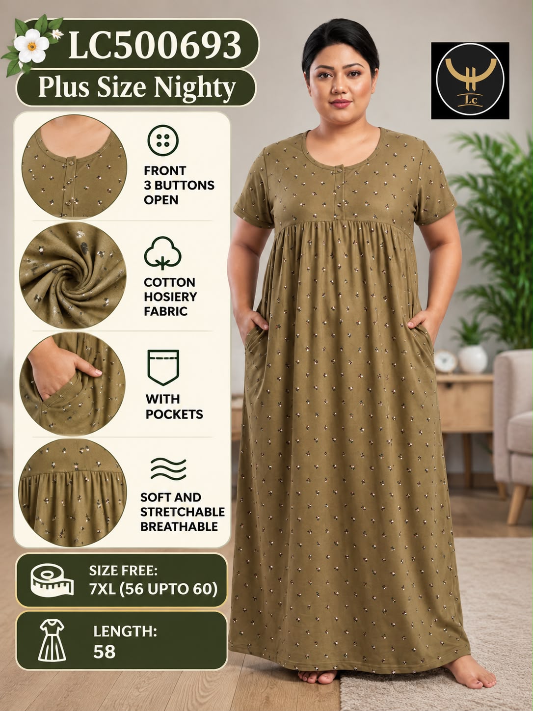 Plus Size Soft Stretchable Cotton Long Nightgown