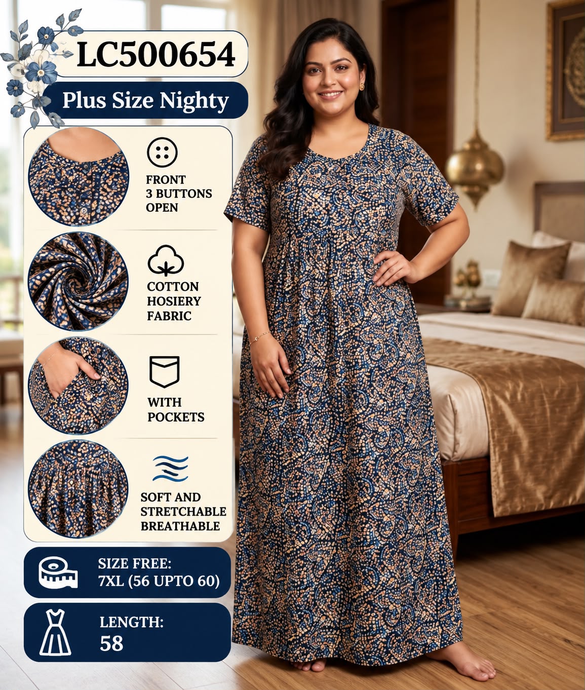 Plus Size Soft Stretchable Cotton Long Nightgown