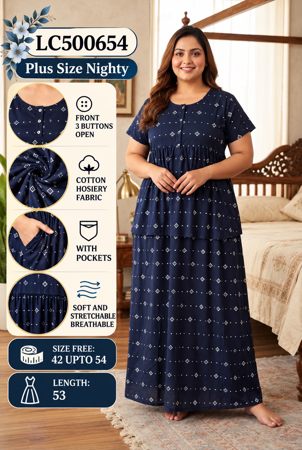Plus Size Soft Stretchable Cotton Long Nightgown