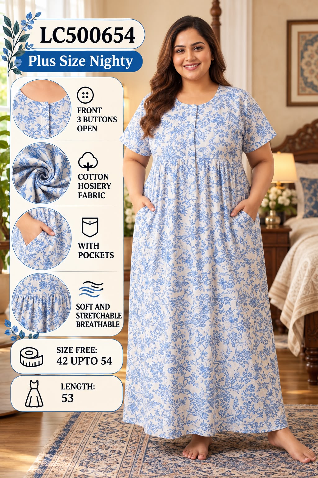 Plus Size Soft Stretchable Cotton Long Nightgown
