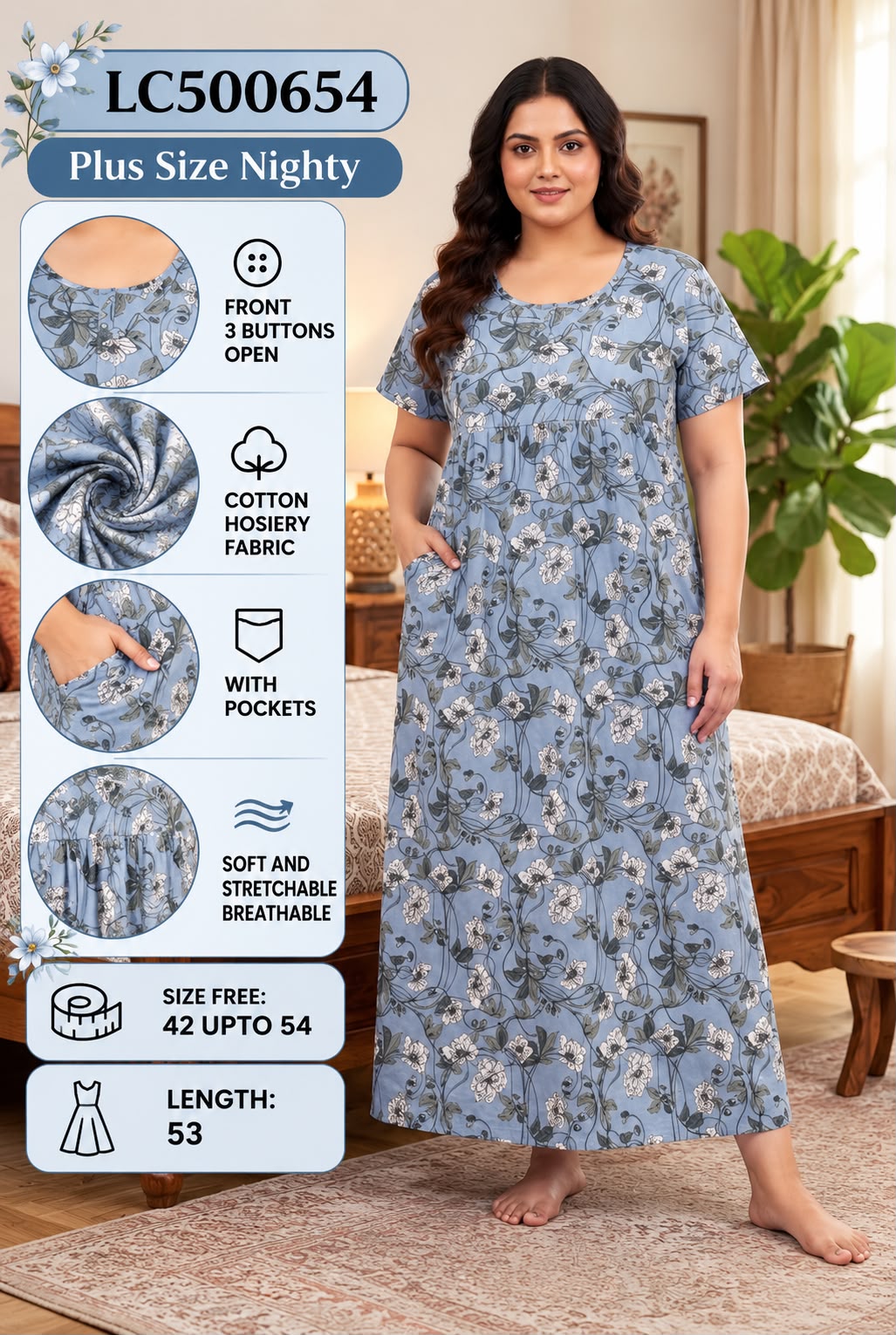 Plus Size Soft Stretchable Cotton Long Nightgown
