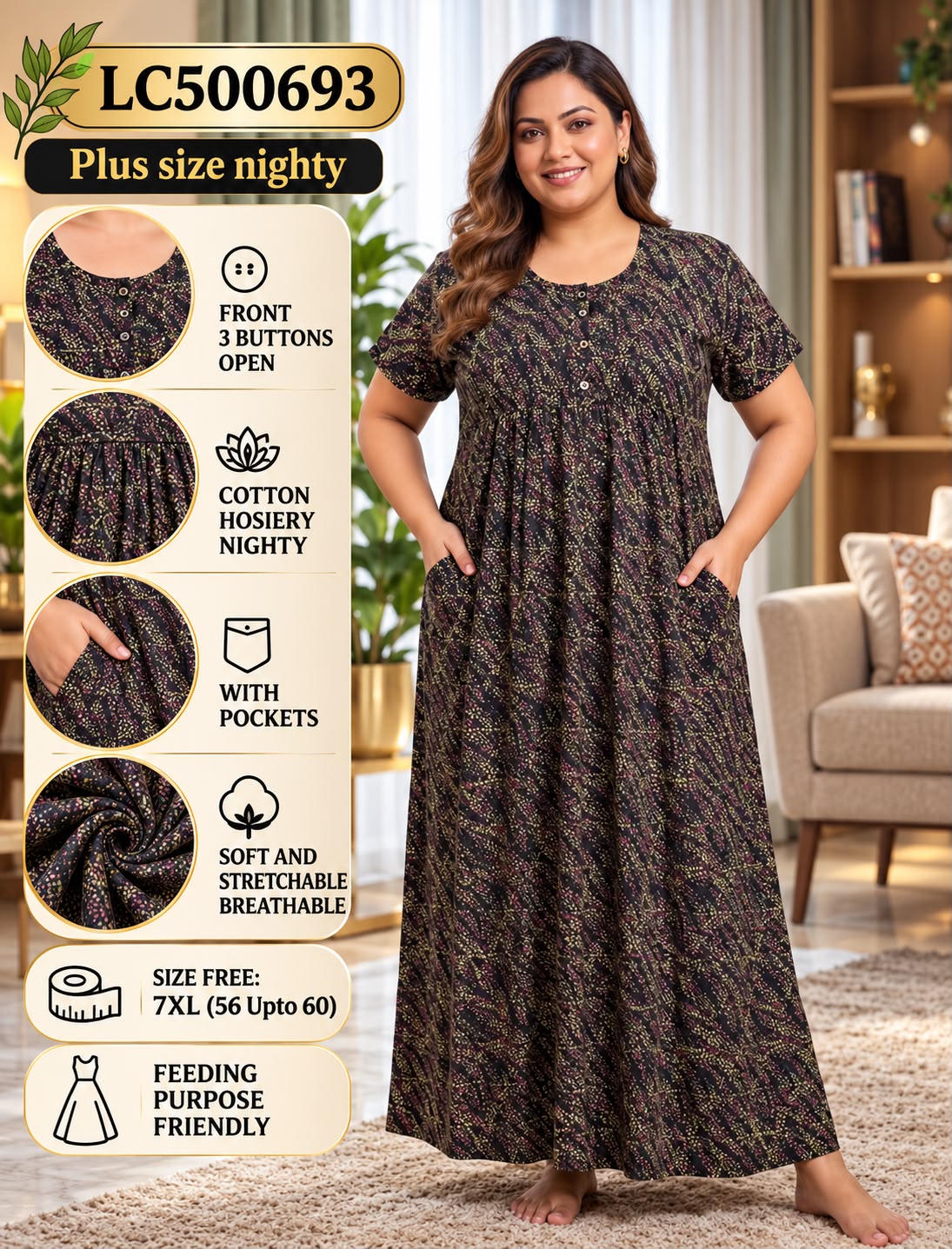 Plus Size Soft Stretchable Cotton Long Nightgown
