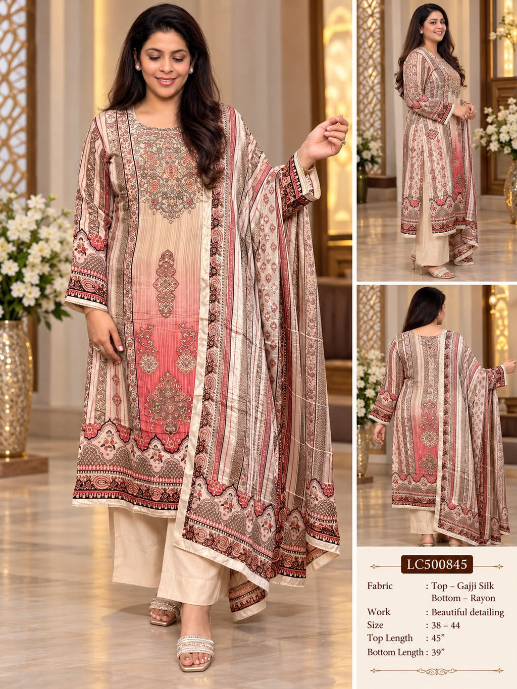 Elegant Gajji Silk Printed 3-Piece Suit Set 