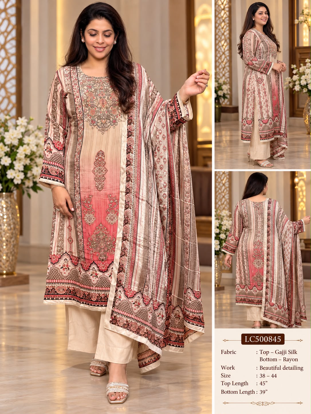 Elegant Gajji Silk Printed 3-Piece Suit Set 