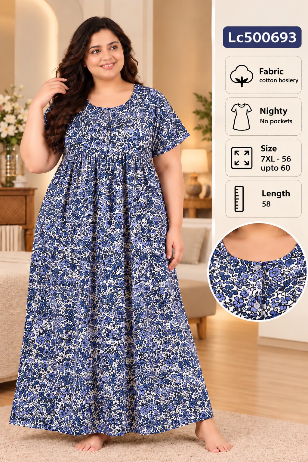 Plus Size Soft Stretchable Cotton Long Nightgown