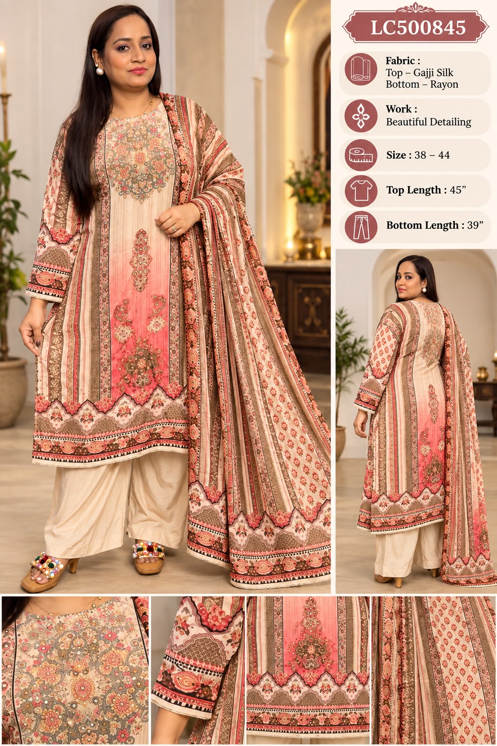 Elegant Gajji Silk Printed 3-Piece Suit Set 