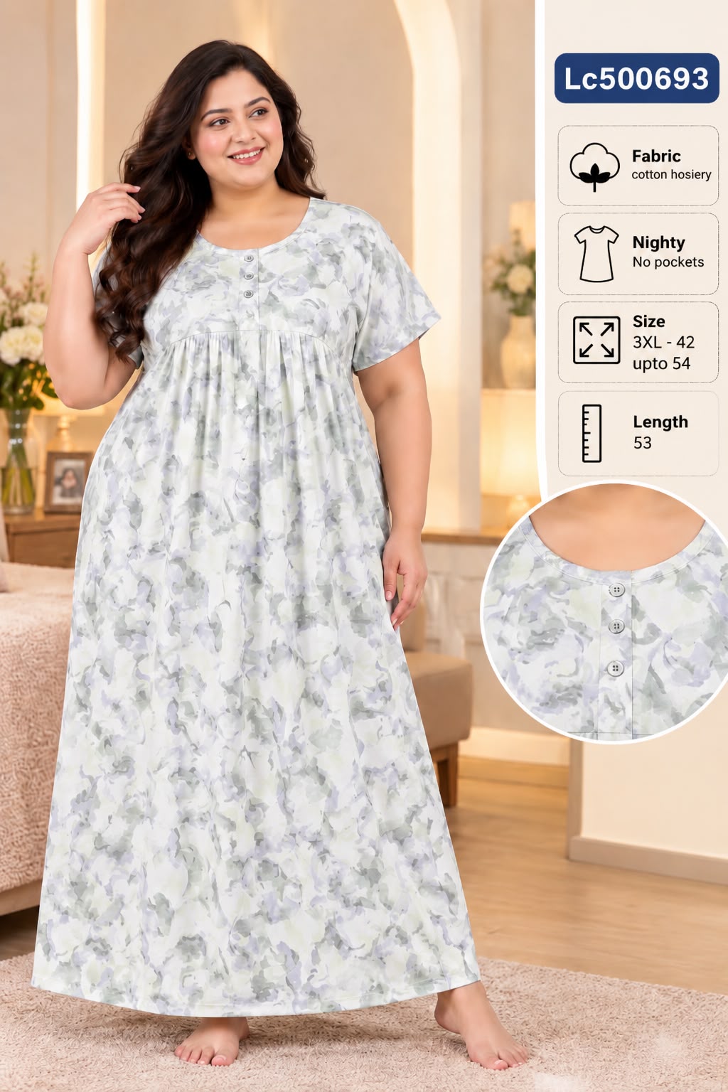 Plus Size Soft Stretchable Cotton Long Nightgown