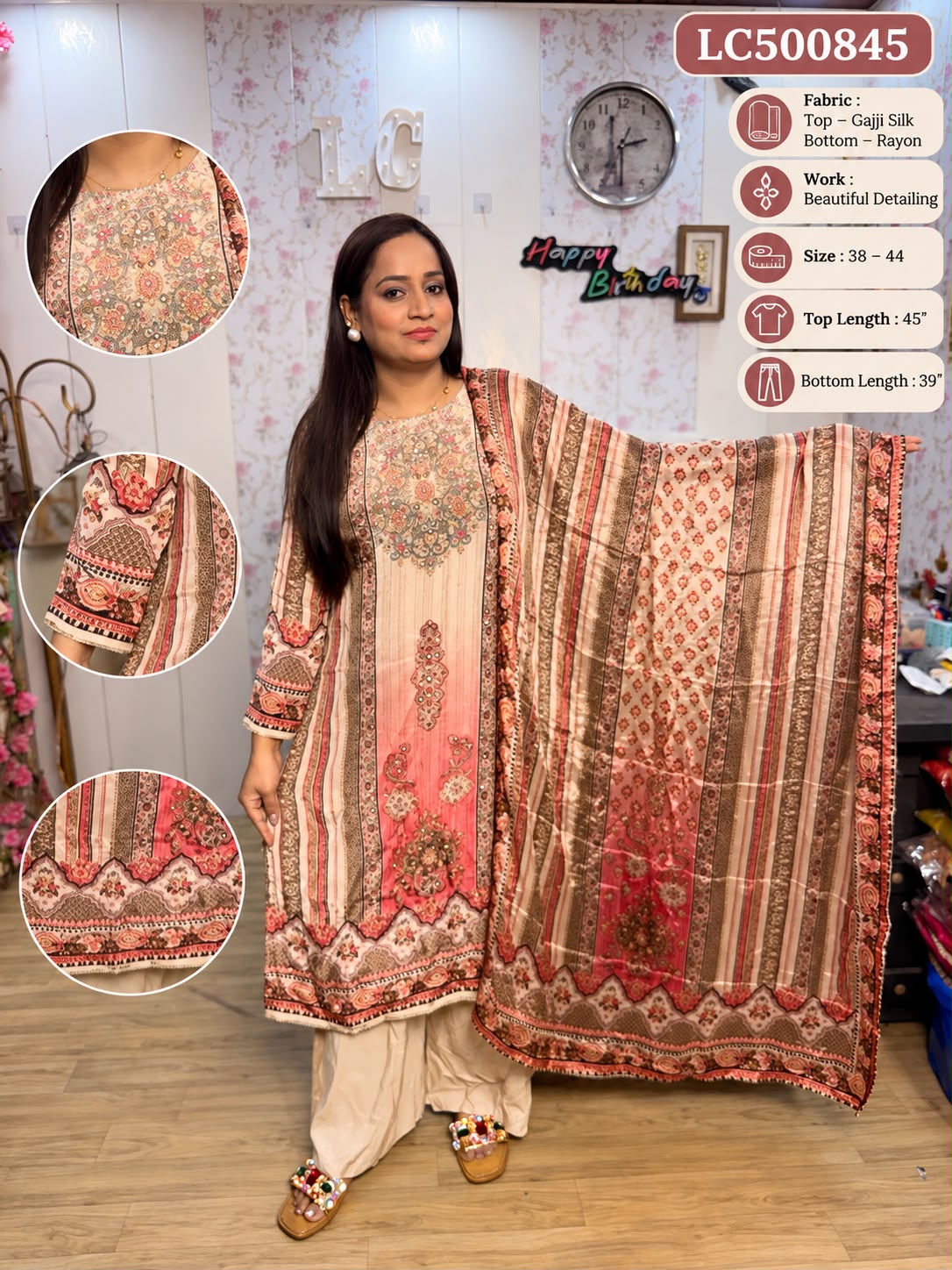 Elegant Gajji Silk Printed 3-Piece Suit Set 