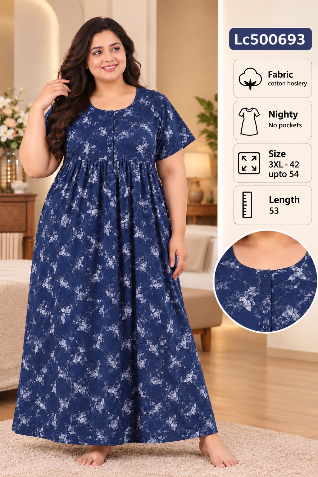 Plus Size Soft Stretchable Cotton Long Nightgown