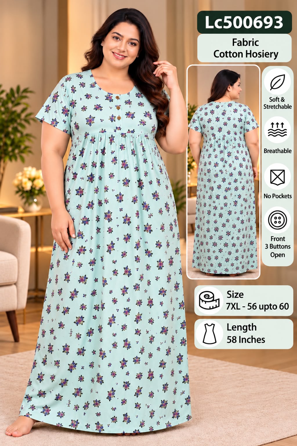 Plus Size Soft Stretchable Cotton Long Nightgown