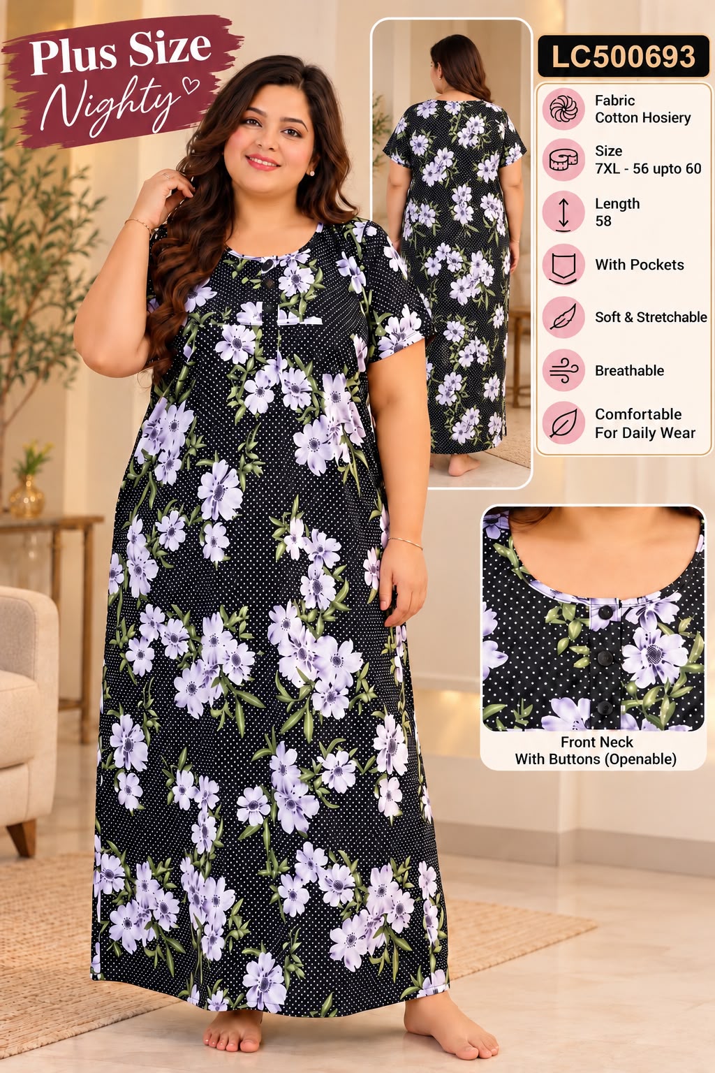 Plus Size Soft Stretchable Cotton Long Nightgown