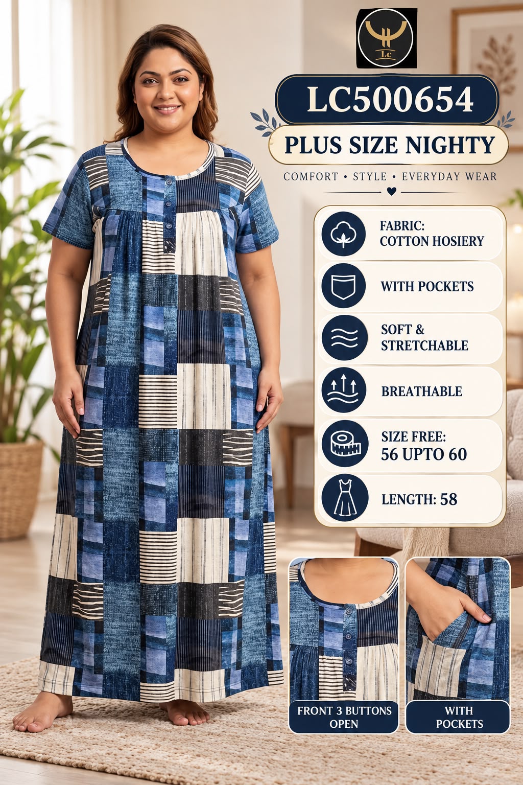 Plus Size Soft Stretchable Cotton Long Nightgown