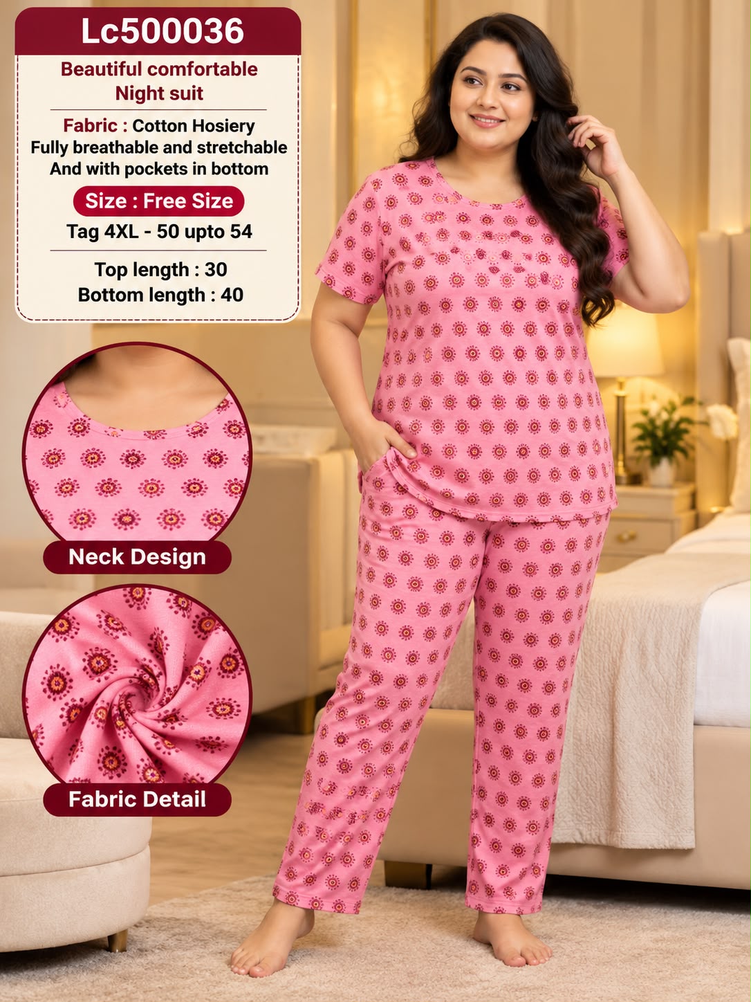 Ultra-Comfortable Printed Cotton Hosiery Lounge & Night Suit Set with Pockets