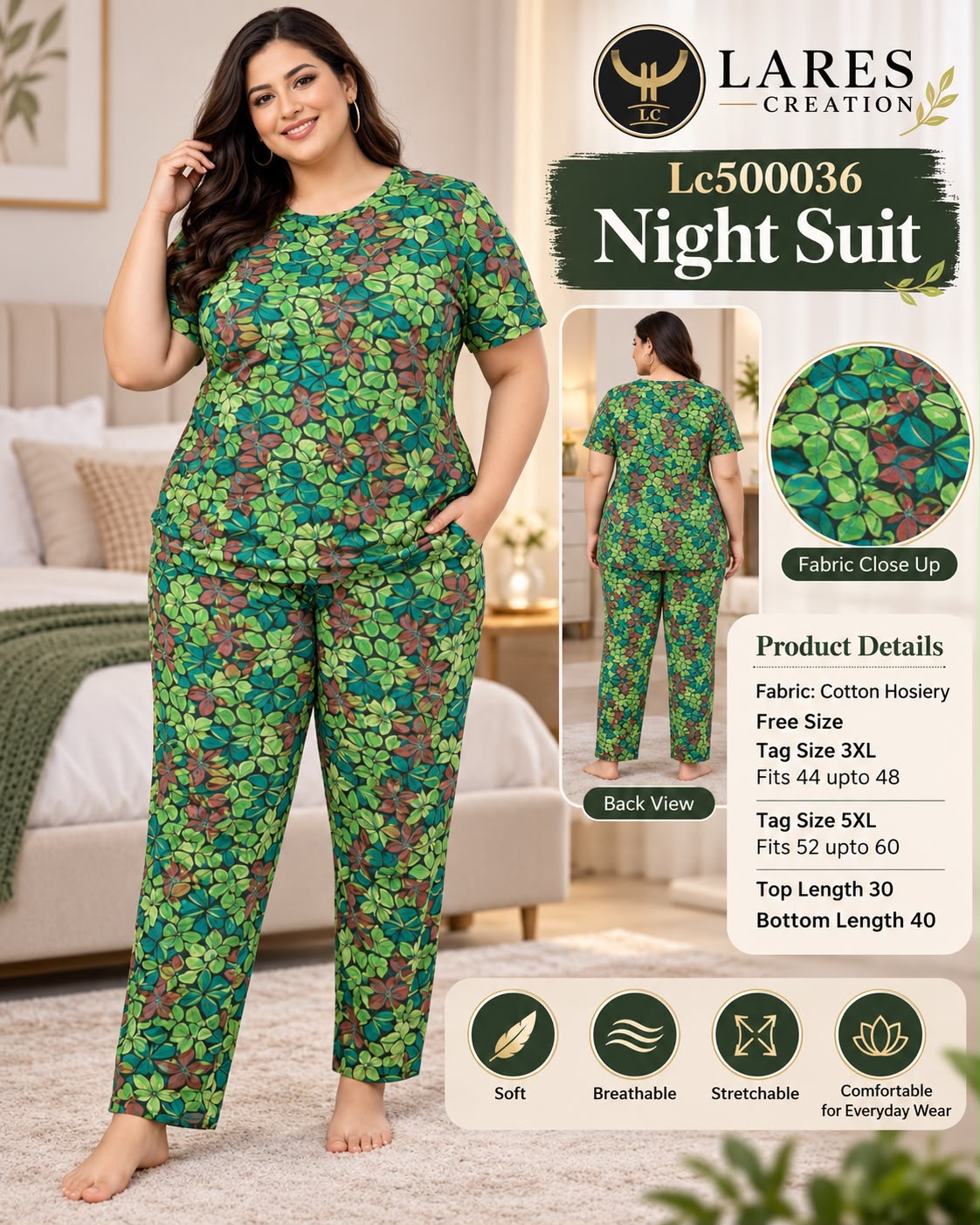 Ultra-Comfortable Printed Cotton Hosiery Lounge & Night Suit Set with Pockets