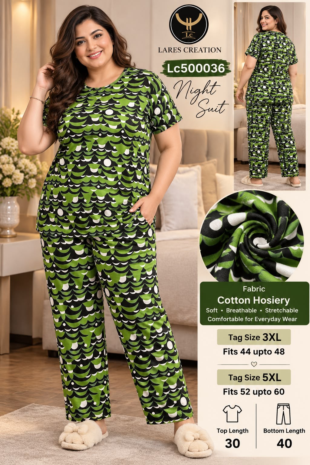 Ultra-Comfortable Printed Cotton Hosiery Lounge & Night Suit Set with Pockets