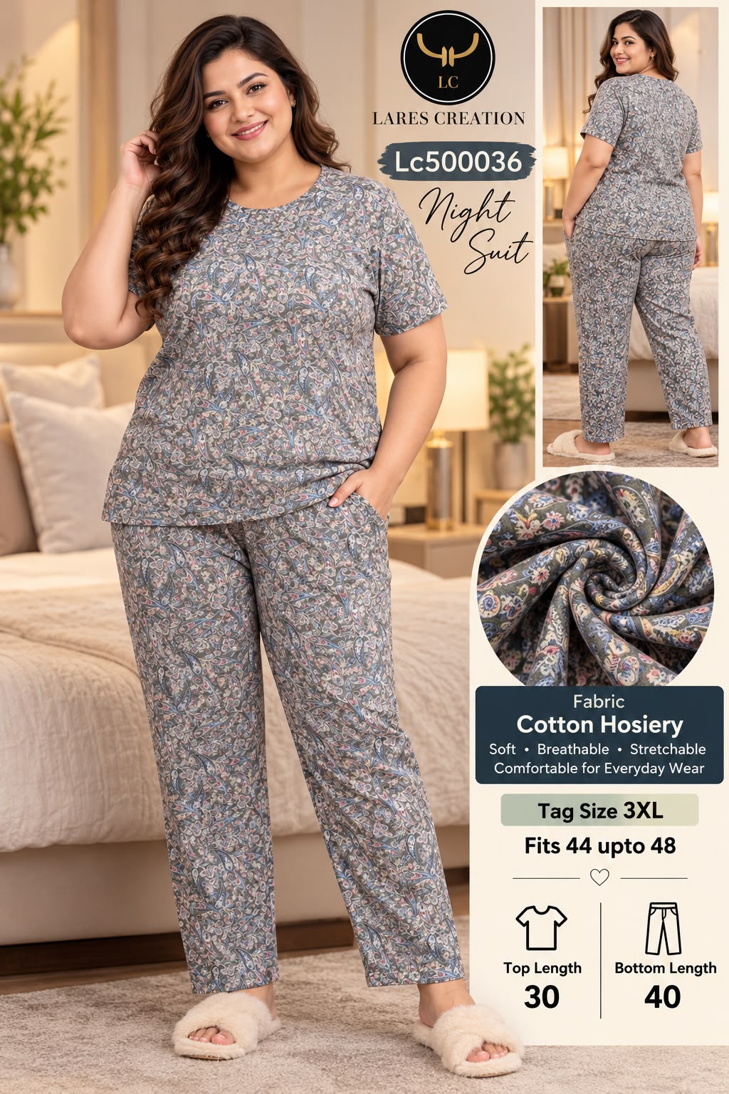 Ultra-Comfortable Printed Cotton Hosiery Lounge & Night Suit Set with Pockets