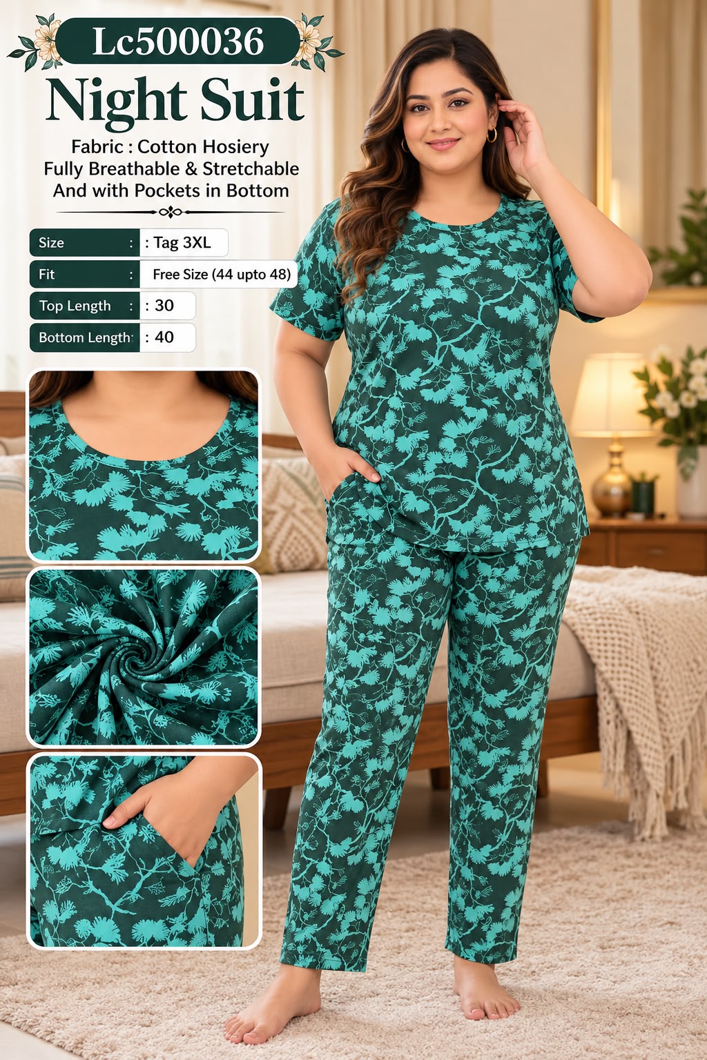 Ultra-Comfortable Printed Cotton Hosiery Lounge & Night Suit Set with Pockets