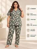 Women's Plus Size Printed Collar Button-Front Night Suit Set