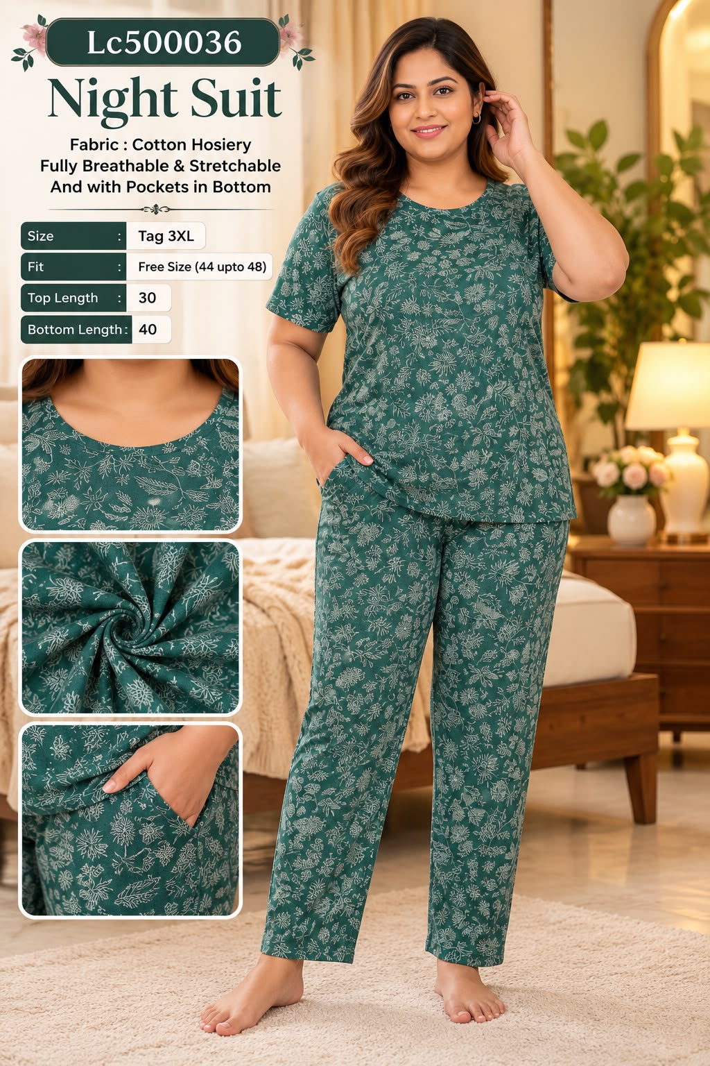 Ultra-Comfortable Printed Cotton Hosiery Lounge & Night Suit Set with Pockets