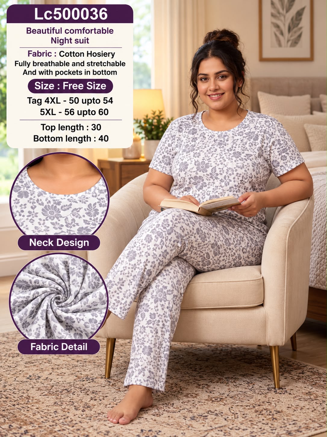Ultra-Comfortable Printed Cotton Hosiery Lounge & Night Suit Set with Pockets
