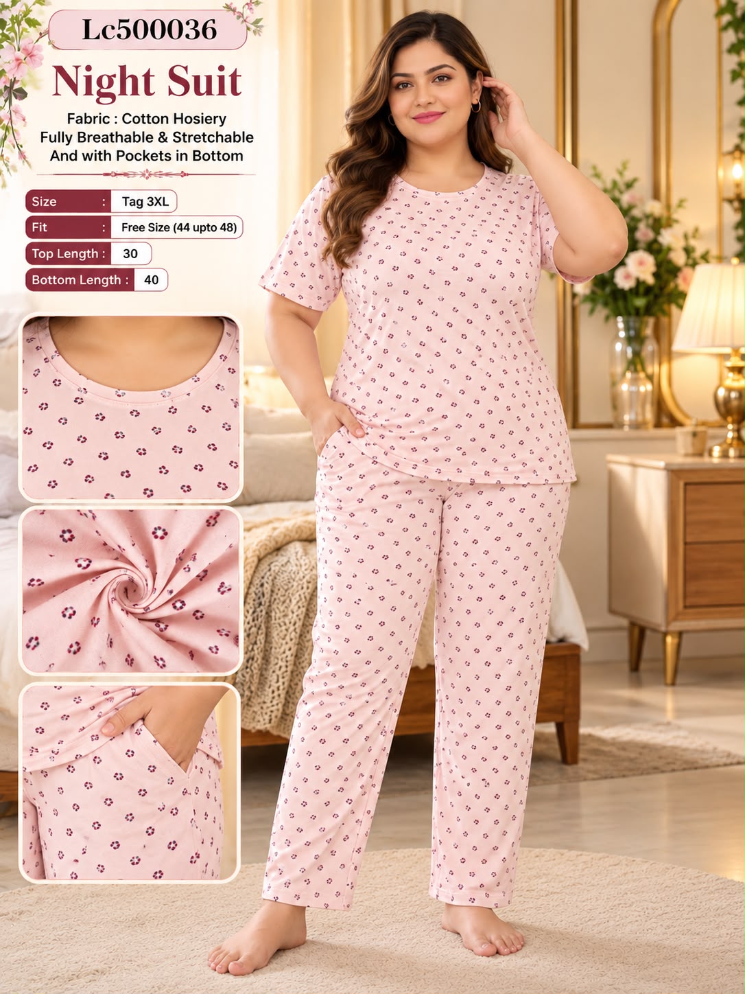 Ultra-Comfortable Printed Cotton Hosiery Lounge & Night Suit Set with Pockets