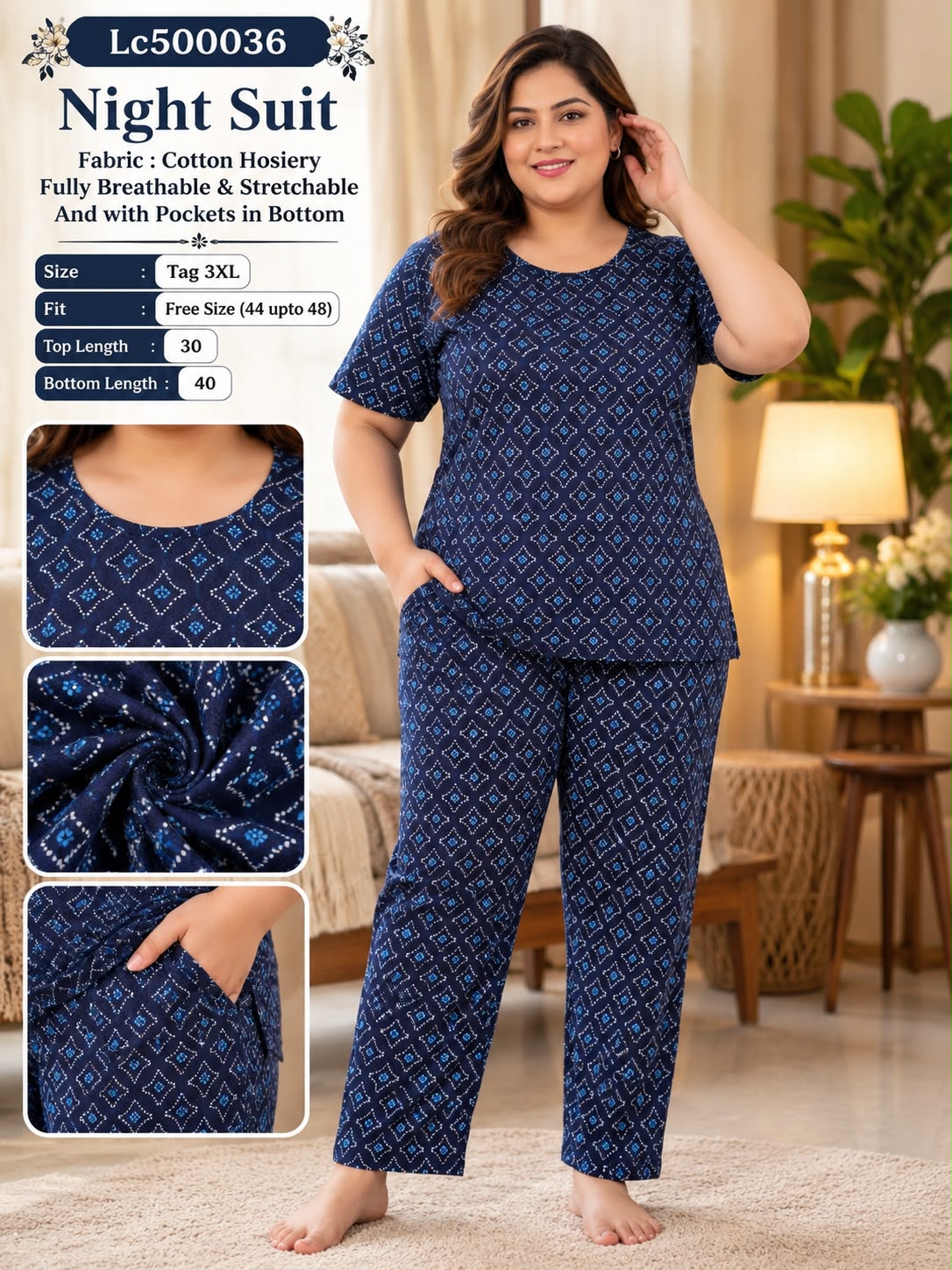 Ultra-Comfortable Printed Cotton Hosiery Lounge & Night Suit Set with Pockets
