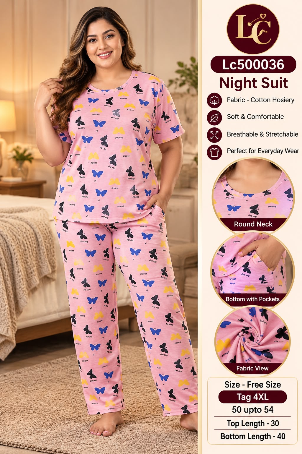 Ultra-Comfortable Printed Cotton Hosiery Lounge & Night Suit Set with Pockets