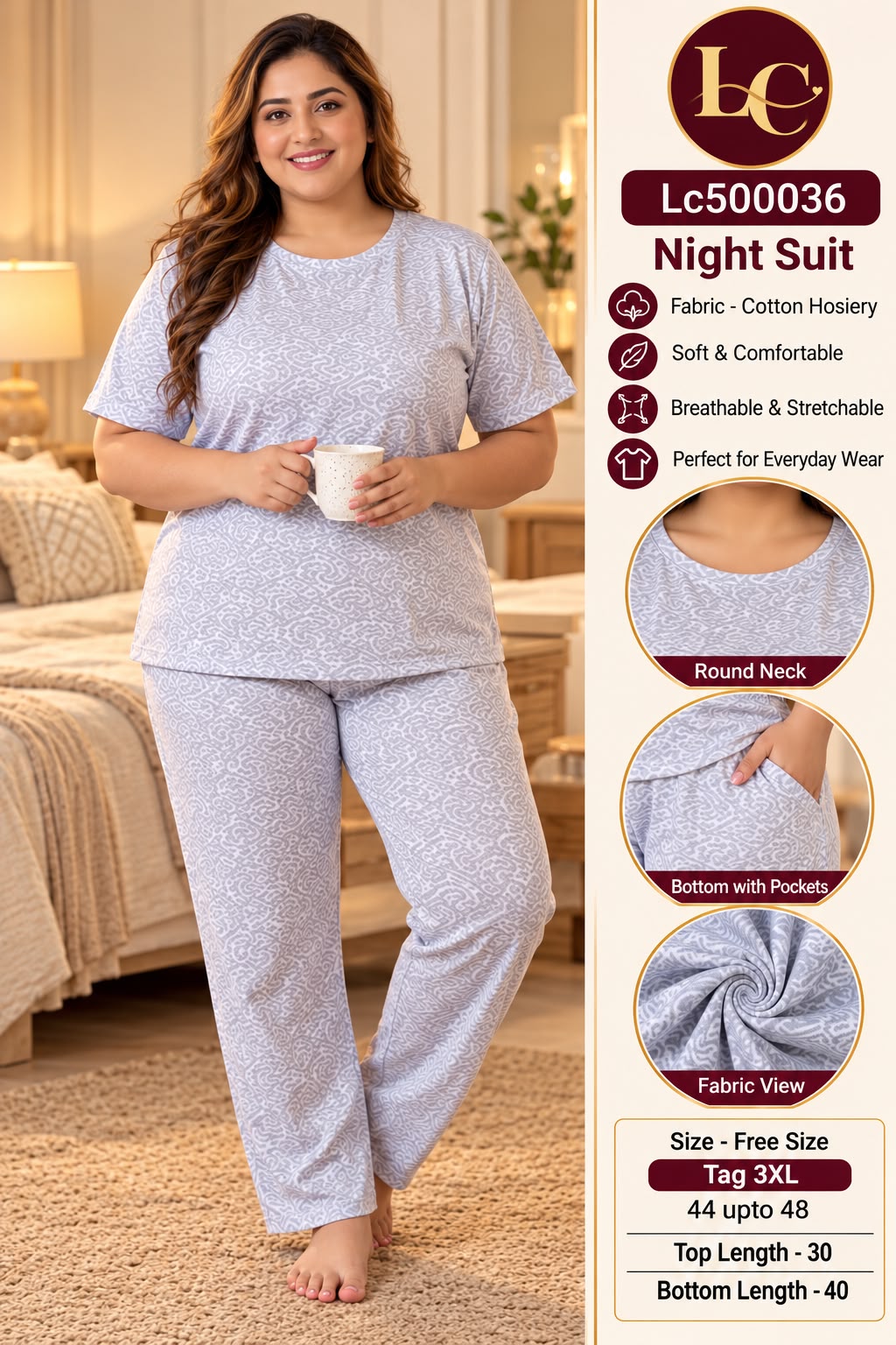 Ultra-Comfortable Printed Cotton Hosiery Lounge & Night Suit Set with Pockets