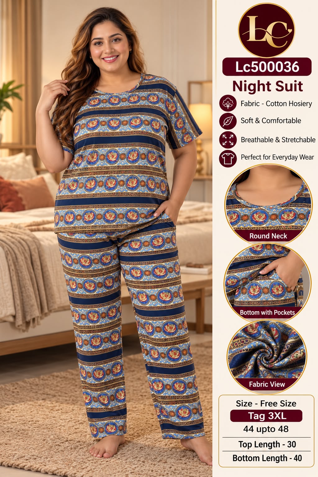 Ultra-Comfortable Printed Cotton Hosiery Lounge & Night Suit Set with Pockets
