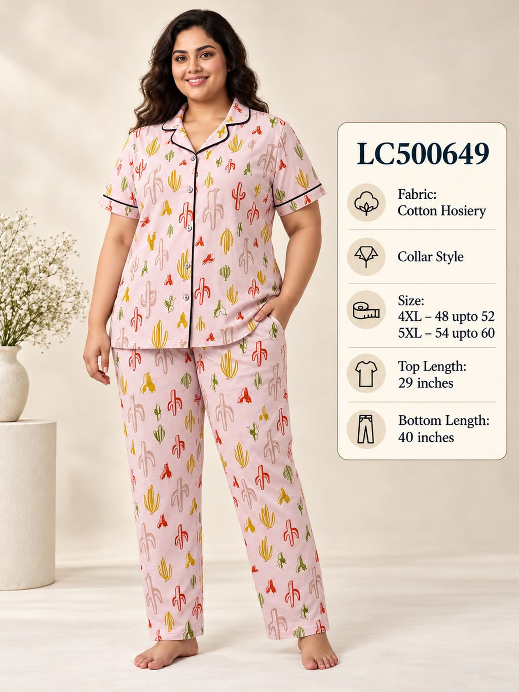Women's Plus Size Printed Collar Button-Front Night Suit Set