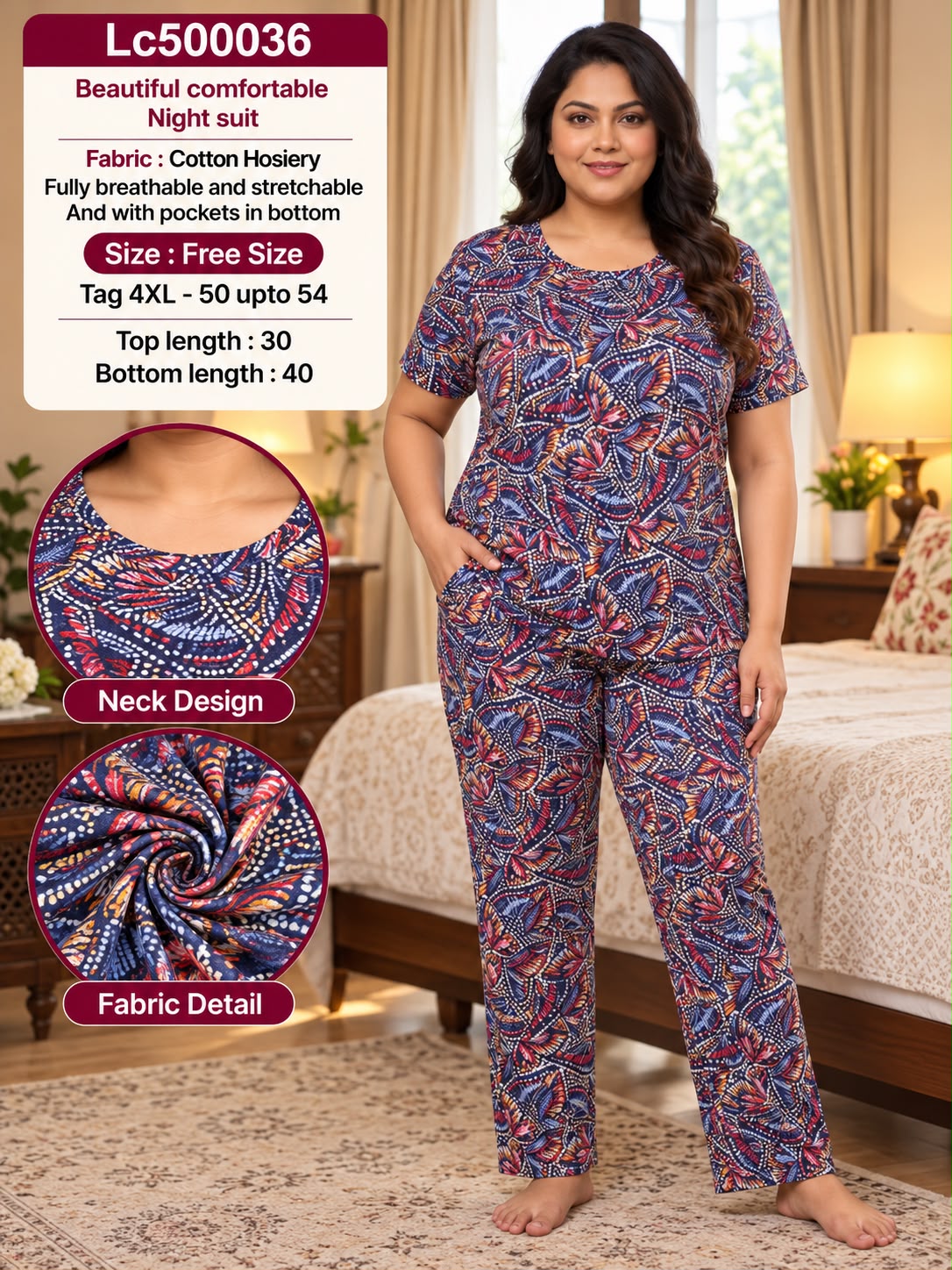 Ultra-Comfortable Printed Cotton Hosiery Lounge & Night Suit Set with Pockets