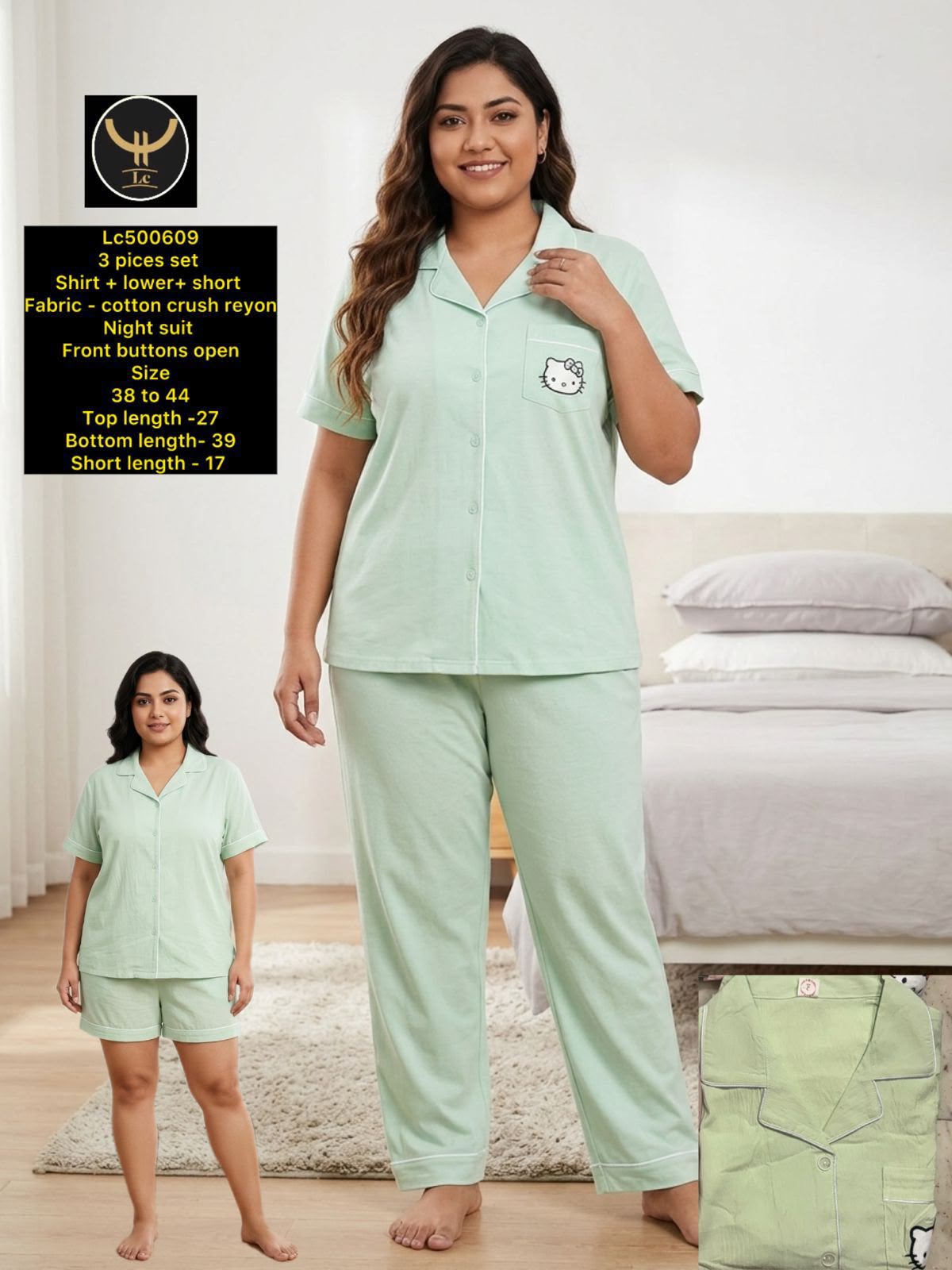 Cute & Comfy 3 Pieces ( Shirt + Lower+Shorts) Night Suit