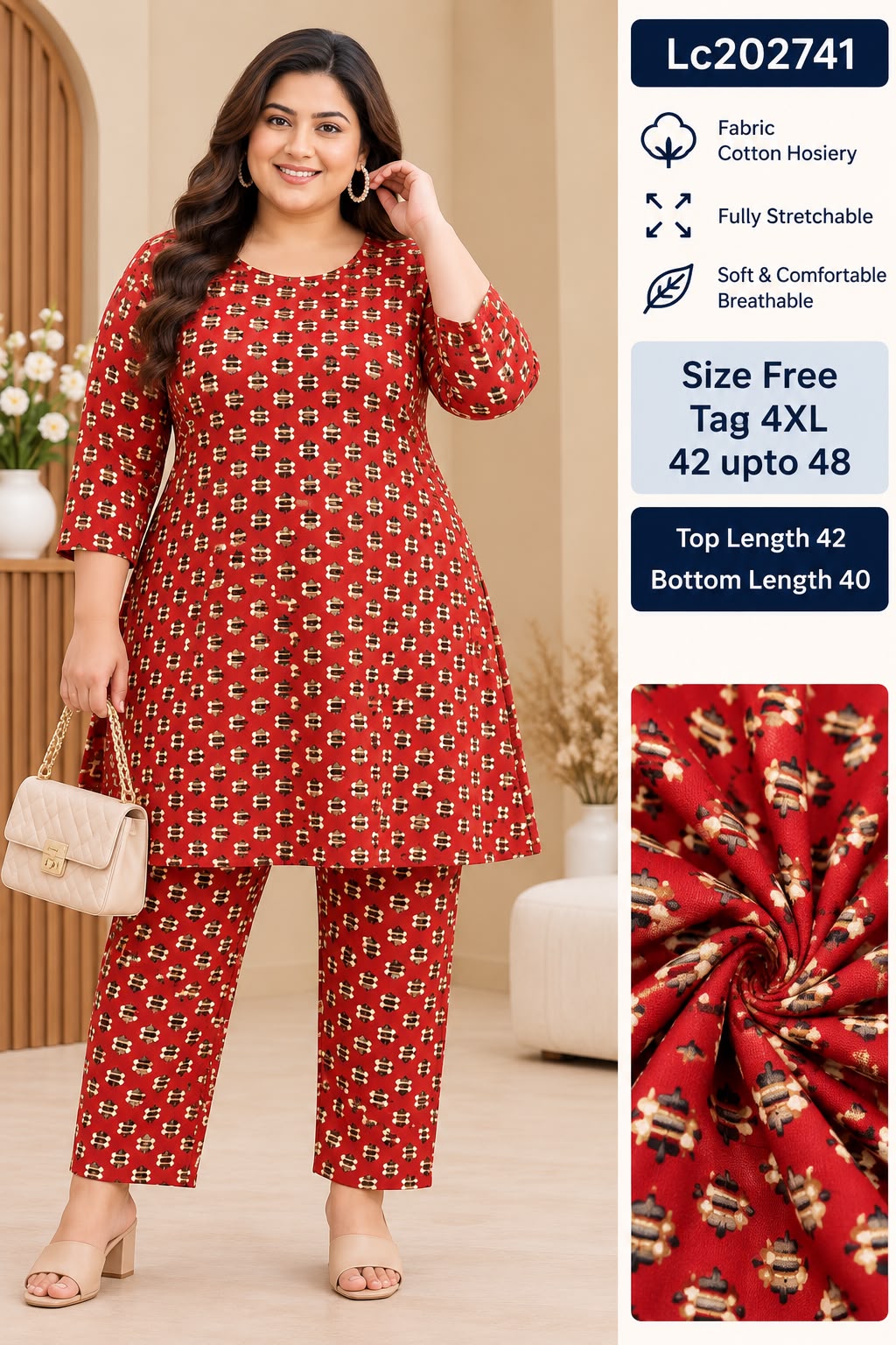 Women Fully Stretchable Cotton Hosiery Long midi Tunic & Trouser