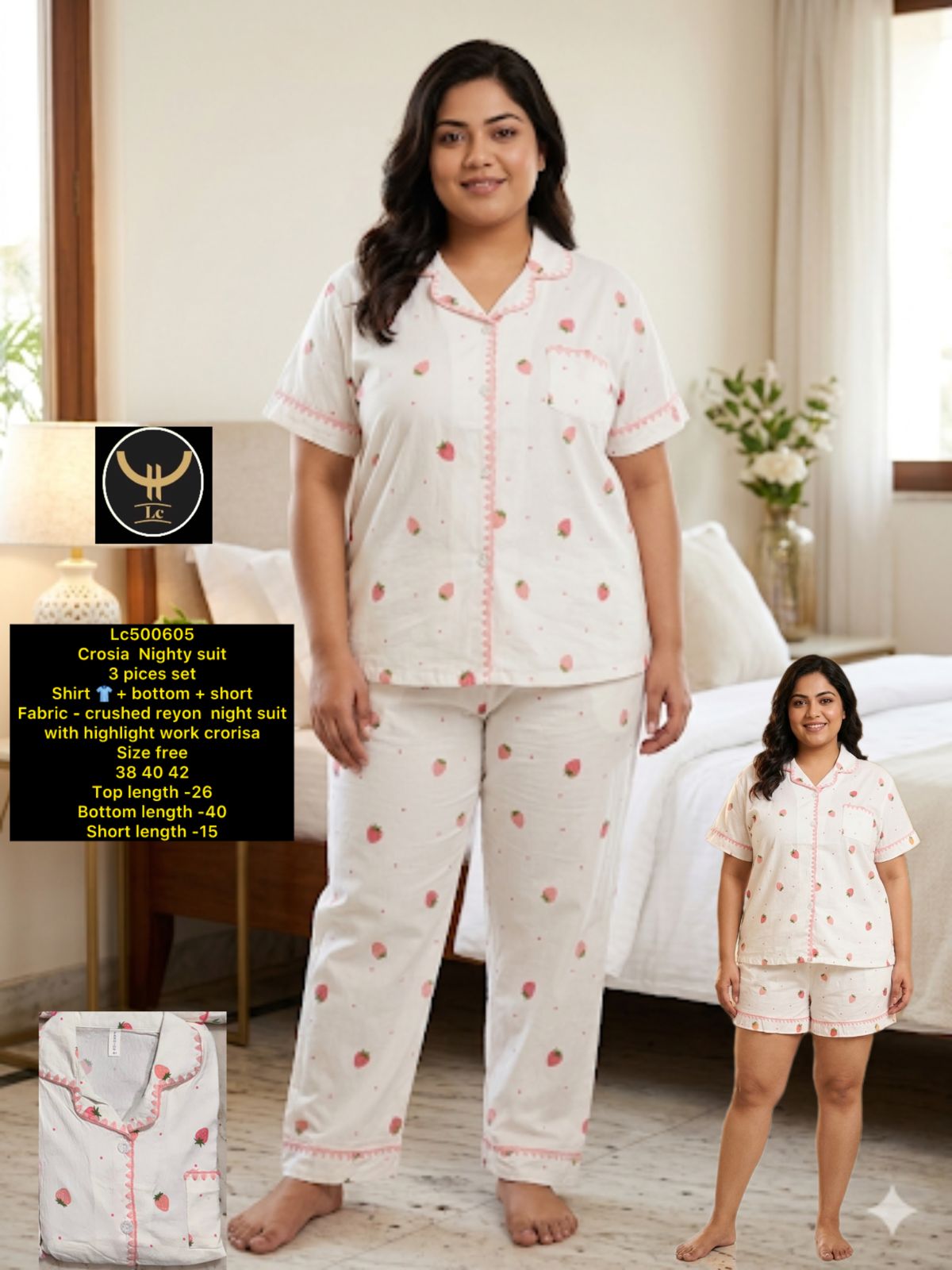 Cute & Comfy 3 Pieces ( Shirt + Lower+Shorts) Night Suit