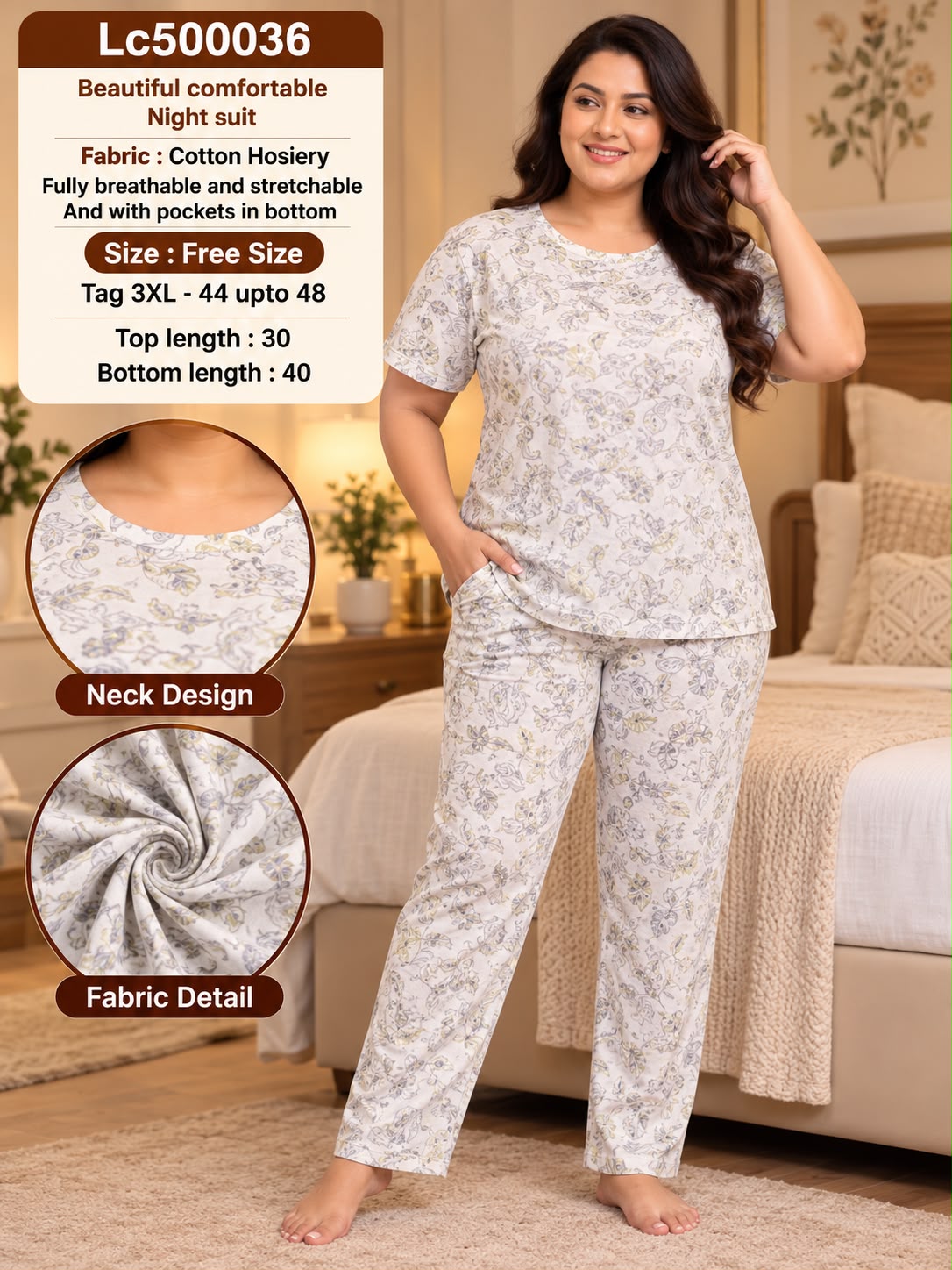 Ultra-Comfortable Printed Cotton Hosiery Lounge & Night Suit Set with Pockets