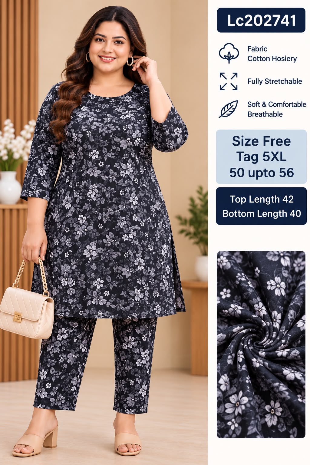 Women Fully Stretchable Cotton Hosiery Long midi Tunic & Trouser