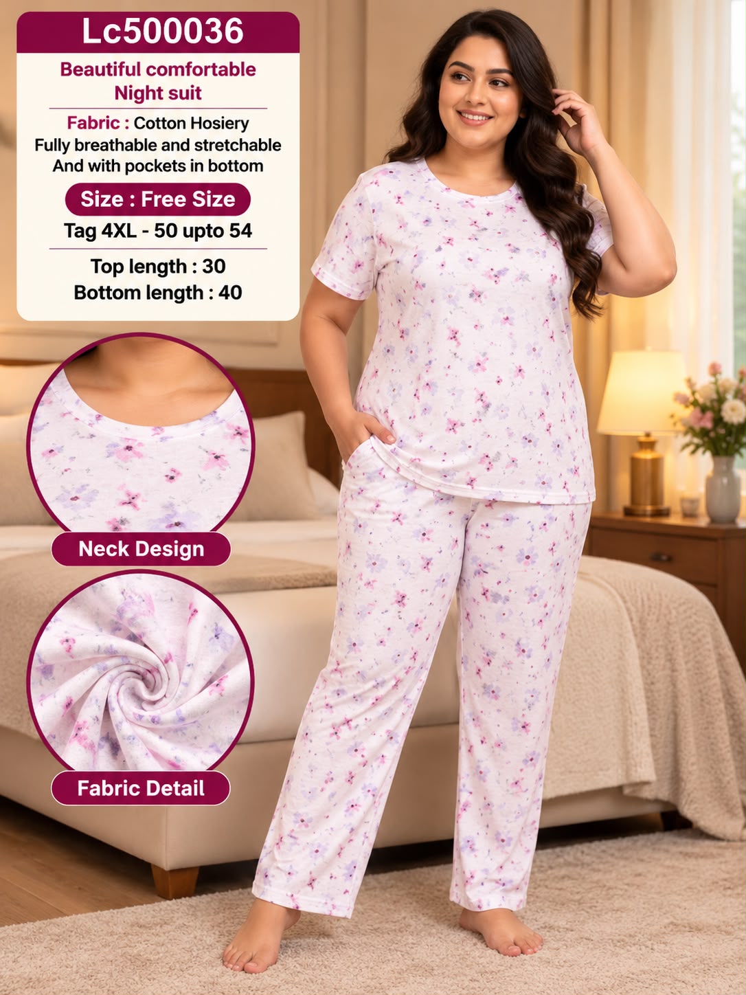 Ultra-Comfortable Printed Cotton Hosiery Lounge & Night Suit Set with Pockets