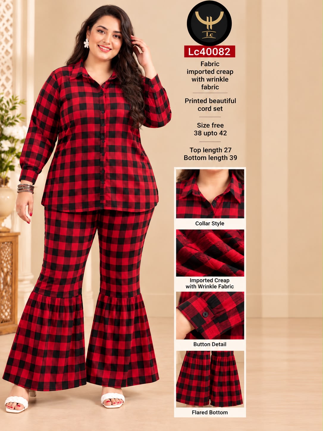Gingham Check Collared Button-Down Shirt & Flared Trouser Set