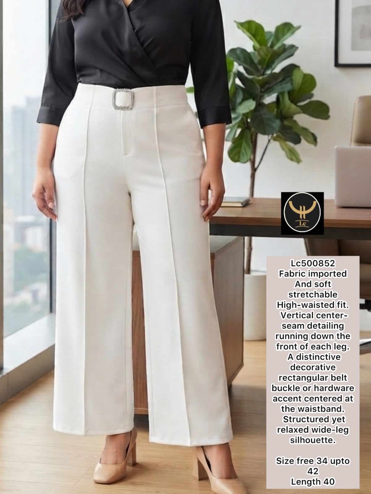 Chic Imported Stretchable Wide-Leg Trousers with Seam Detailing 