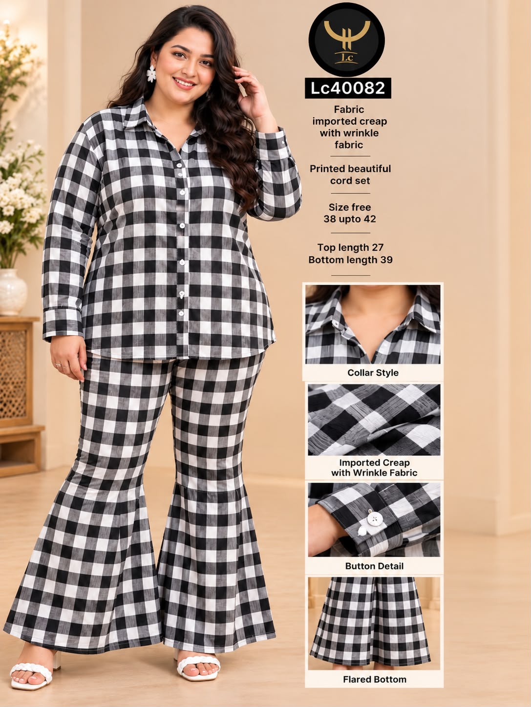 Gingham Check Collared Button-Down Shirt & Flared Trouser Set