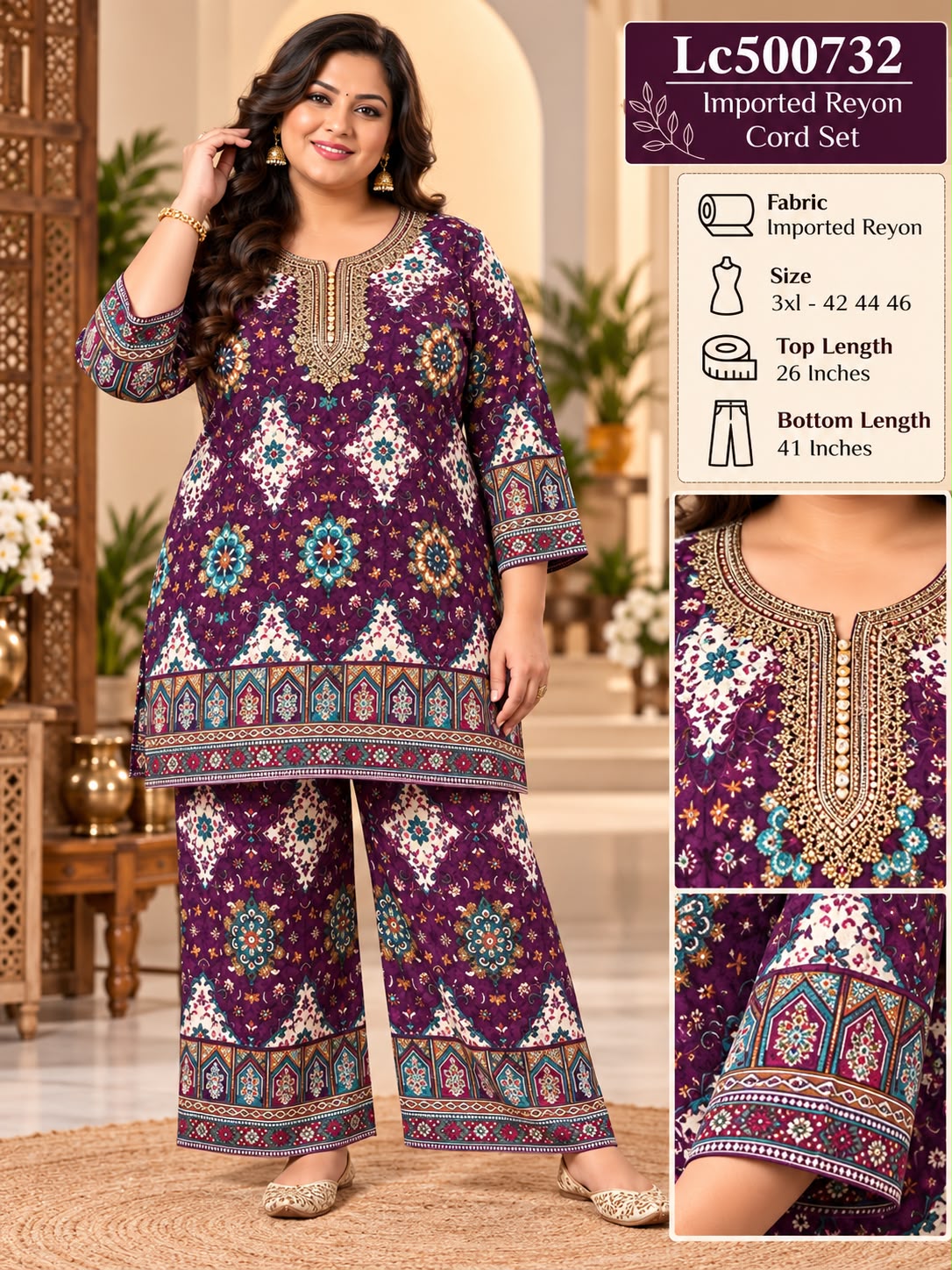 Women's Plus Size Cotton Rayon Lace & Sequins Work Co-Ord Set